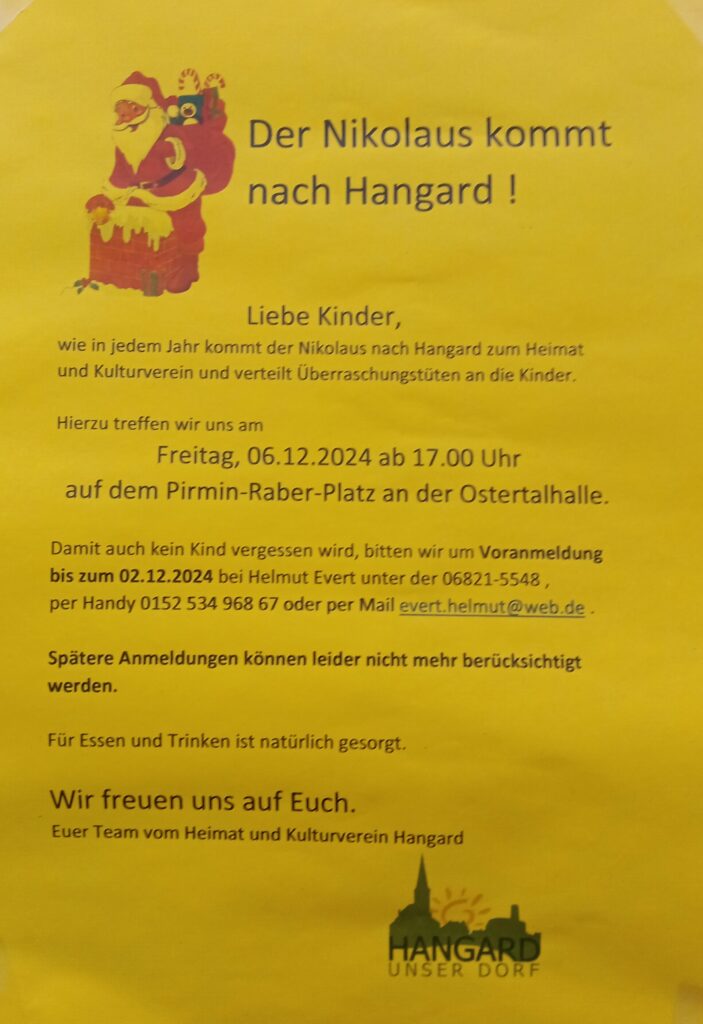 Der Nikolaus kommt nach Hangard!